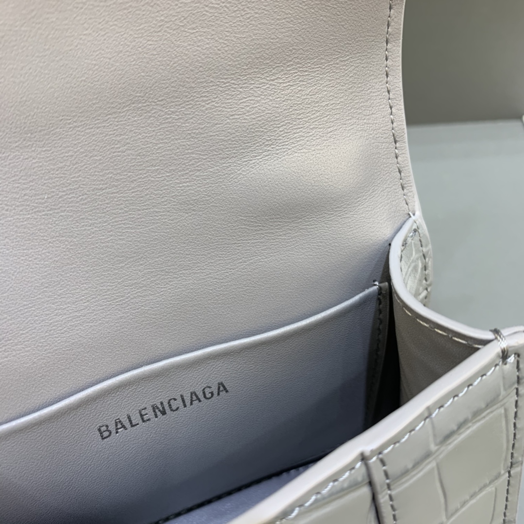 Balenciaga Hourglass Mini Handbag With Chain Crocodile Embossed Shoulder Bag Gray